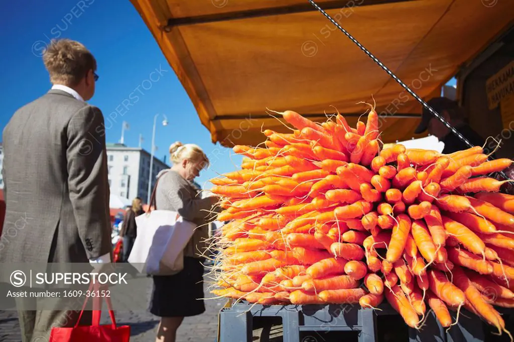 Carrots at vegetable stall in Market Square, Helsinki, Finland