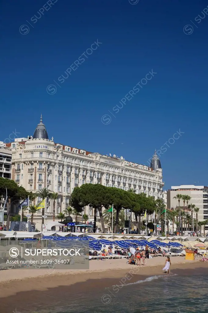 Beach and Boulevard de la Croisette with Carlton Hotel, Cannes, Cote D´Azur, France