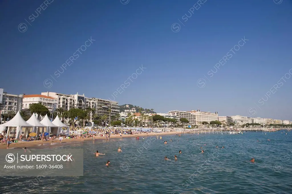 Beach and Boulevard de la Croisette with Carlton Hotel, Cannes, Cote D´Azur, France
