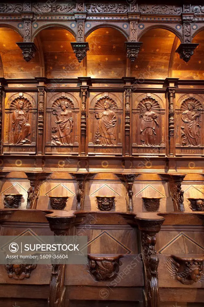 Central Choir carved stalls, St Bertrand De Comminges, Haute_Garonne, Pyrenees, France