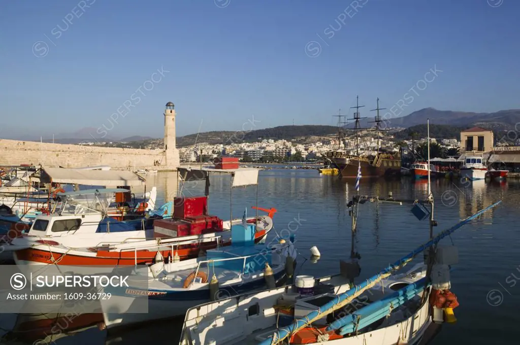 Venetian Harbour with lighthouse, Rethymno, Crete, Greece
