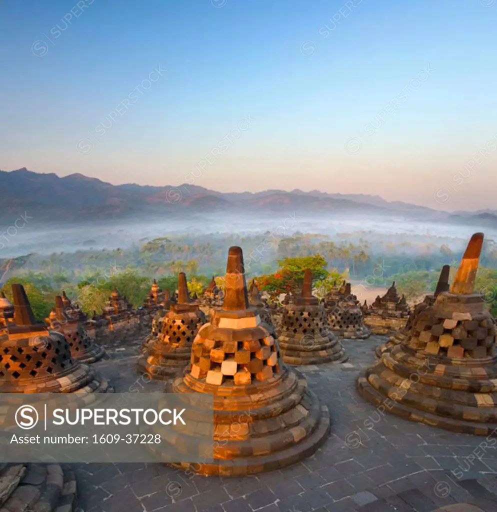 Stupas and Buddhas of Borobudur,  Java, Indonesia