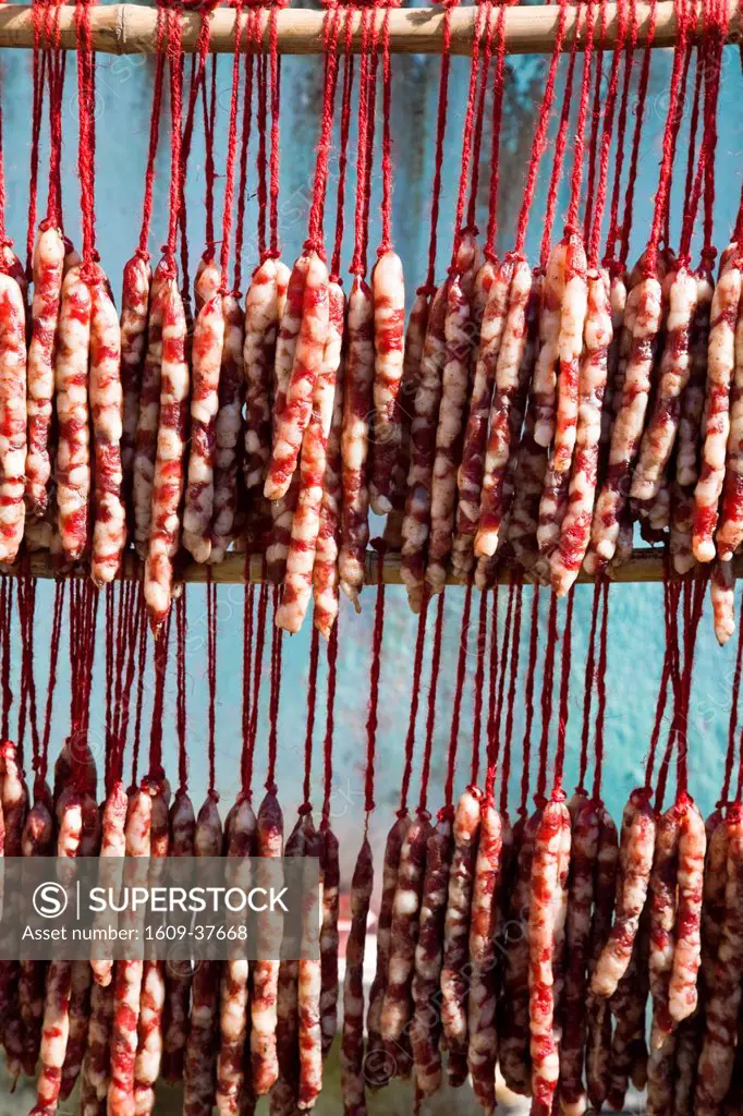 India, West Bengal, Kalimpong, Home_made sausages hanging to dry