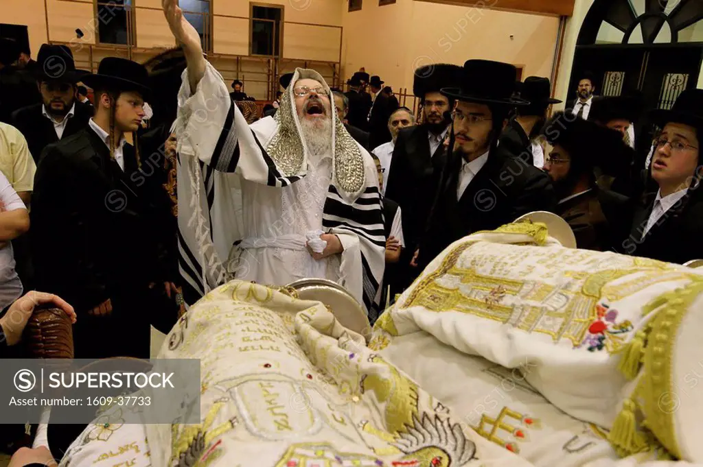 Israel, Bnei Brak. The Synagogue of the Premishlan congregation, Simchat Torah on the eights day of Succot, rejoicing the Torah