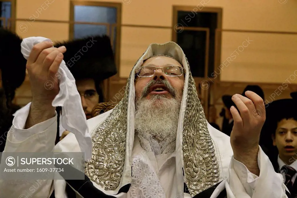 Israel, Bnei Brak. The Synagogue of the Premishlan congregation, Simchat Torah on the eights day of Succot, the Rebbe