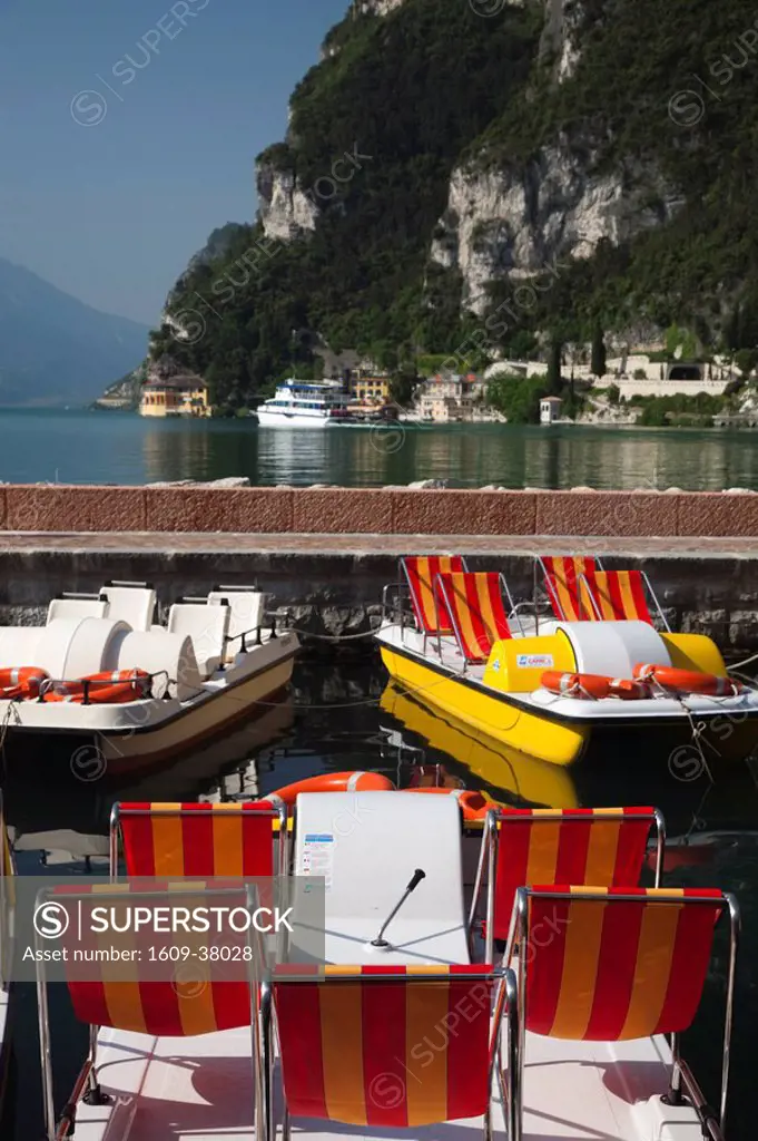 Italy, Trentino_Alto Adige, Lake District, Lake Garda, Riva del Garda, lakefront paddleboats