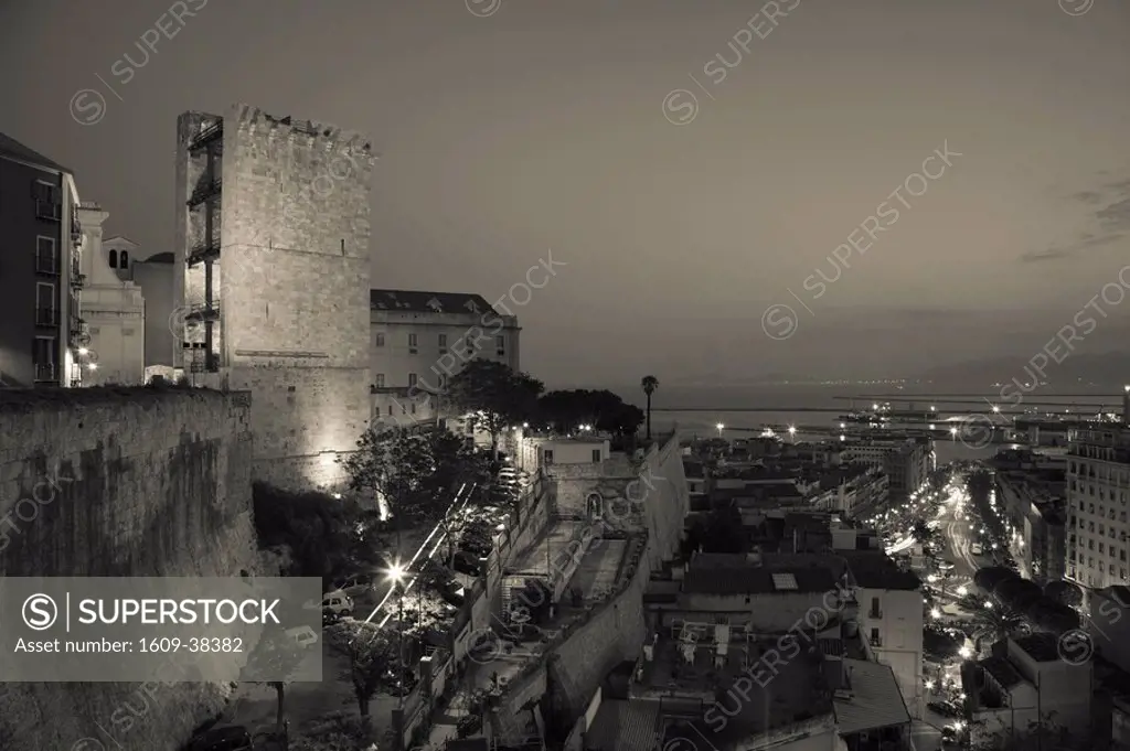 Italy, Sardinia, Cagliari, Il Castello Old Town, Torre dell´ Elefante tower, evening