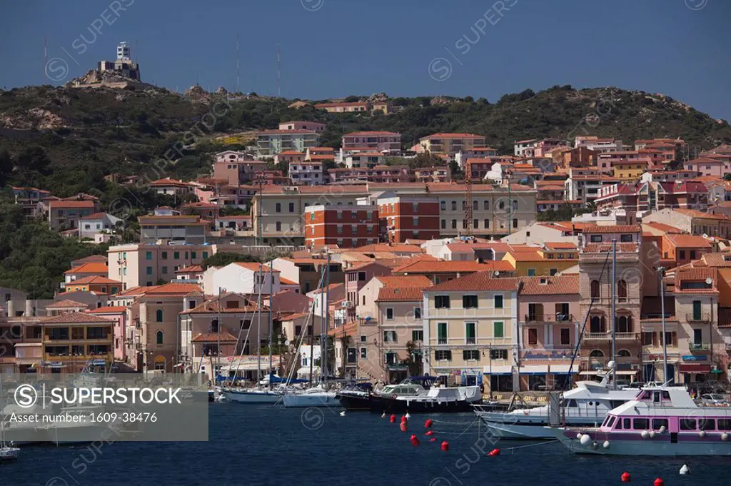 Italy, Sardinia, Northern Sardinia, Isola Maddalena, La Maddalena, harborside view from island ferry