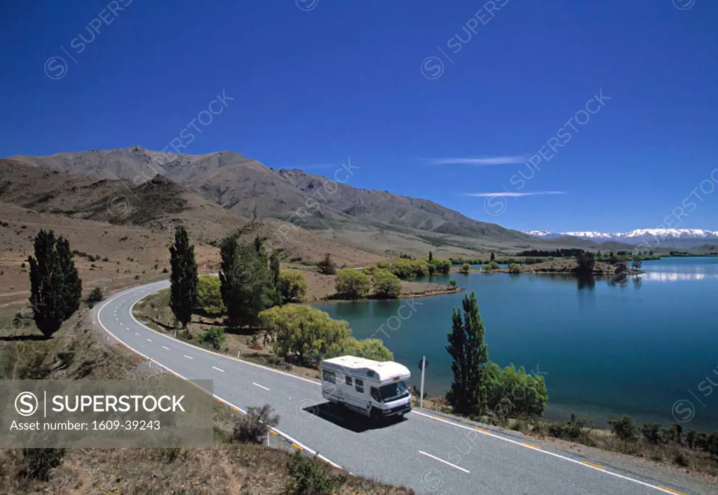 Camper van on road by Lake Wanaka, South Island, New Zealand