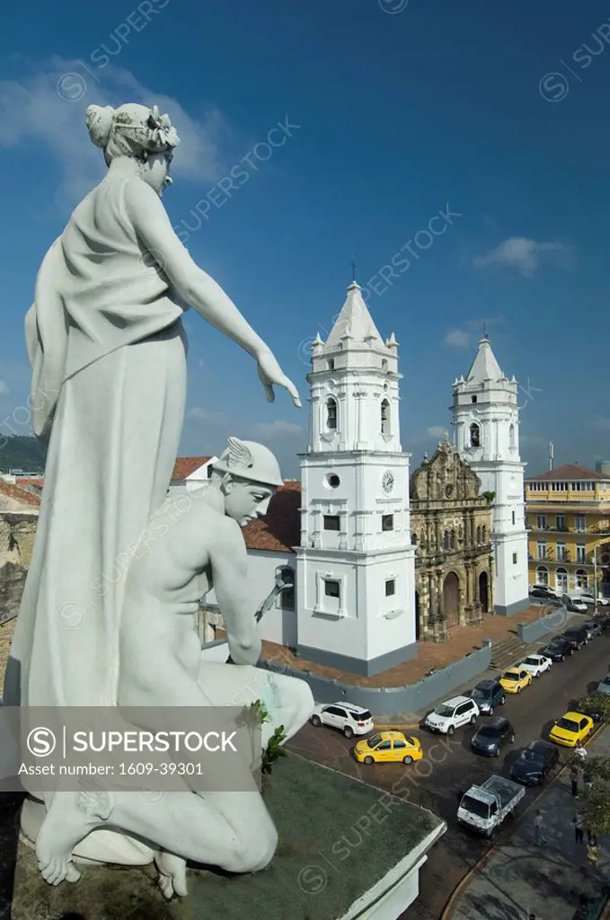 Panama, Panama City, Casco Viejo, The Old Quarter, Munincipal Palace Statues, Metropolitan Cathedral Twin White Towers, Plaza de la Catedral, UNESCO W...