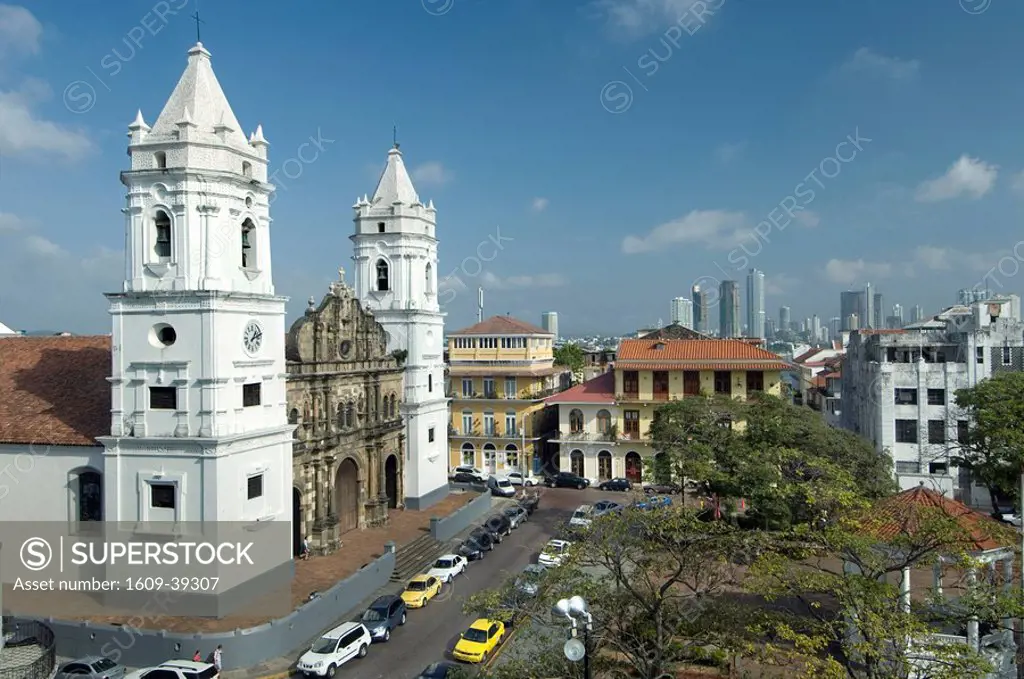 Panama, Panama City, Casco Viejo Neighborhood, Twin White Towers of the Metropolitan Cathedral, Plaza de la Catedral, UNESCO World Heritage Site