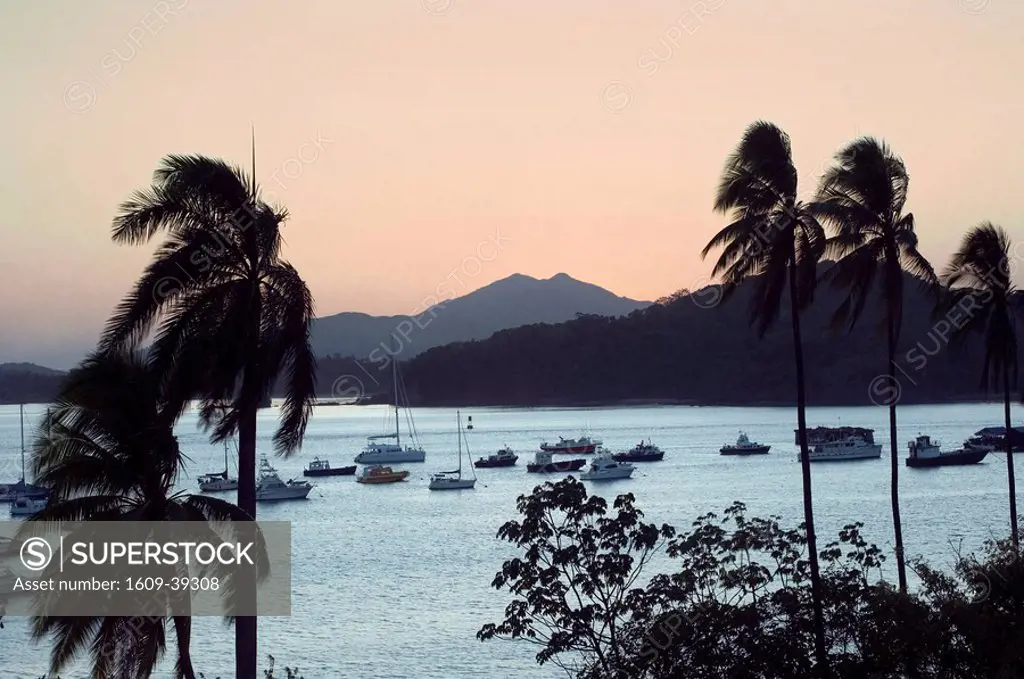 Panama, Panama Bay, Mountains, Sunset, Boats Line Entrance to The Panama Canal
