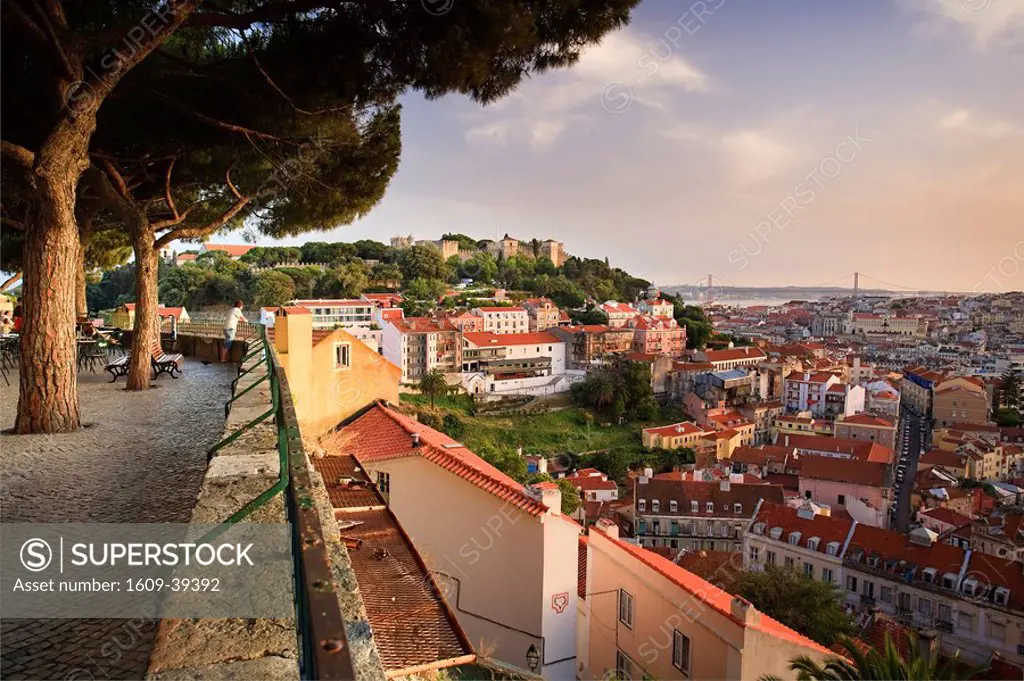Baixa district and Castelo de Sao Jorge, Lisbon, Portugal