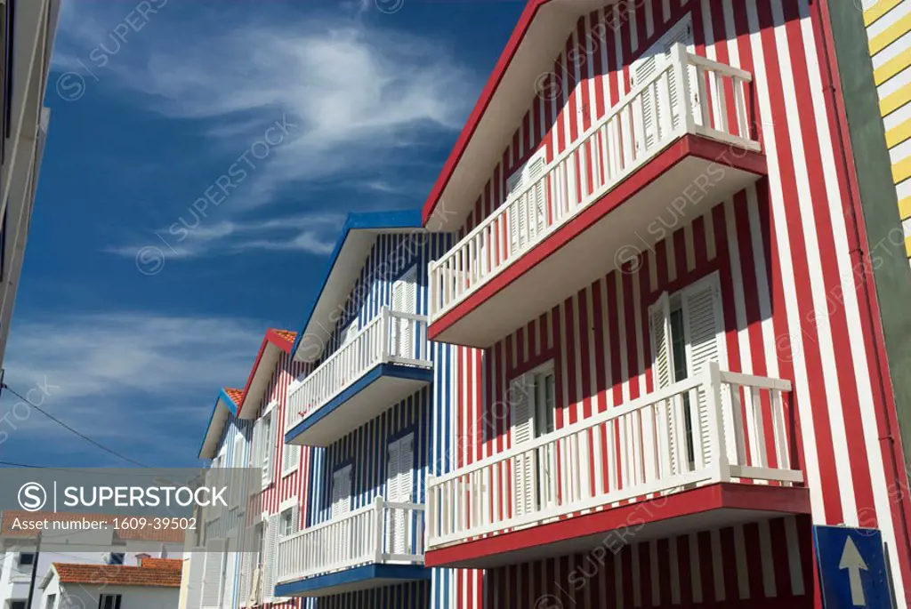 Traditional striped painted houses, Costa Nova, Beira Litoral, Portugal