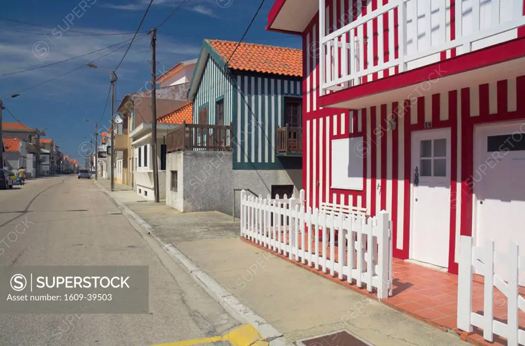Traditional striped painted houses, Costa Nova, Beira Litoral, Portugal