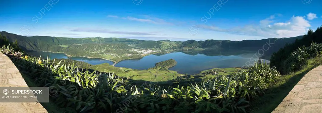 Sete Cidades village with Lagoa Azul & Lagoa Verde, Sao Miguel Island, Azores, Portugal