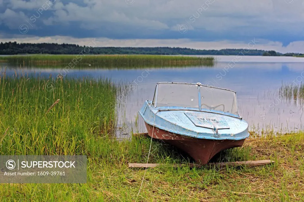 Boat on the lake´s bank, Ferapontovo, Vologda region, Russia