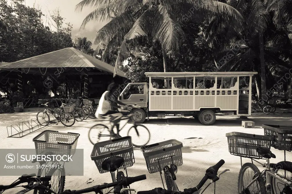 Seychelles, La Digue Island, L´Union Estate Plantation, Anse Source D´Argent beach, beach taxi and bikes