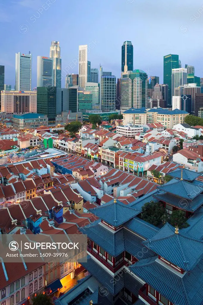 Elevated view over Chinatown, the new Buddha Tooth Relic temple and modern city skyline, Singapore, Asia
