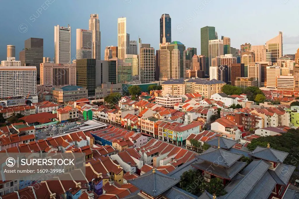 Elevated view over Chinatown, the new Buddha Tooth Relic temple and modern city skyline, Singapore, Asia