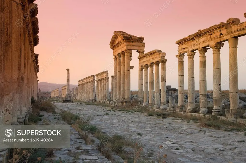 Syria, Apamea Afamia Archaeological Site founded 3rd Century BC, 2km Cardo Roman Colonnade Main Street and Nymphaeum Monumental Fountain