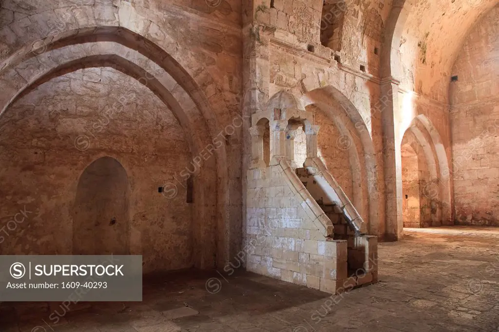 Syria, crusader´s castle of Krak Des Chevaliers Qala´at al Hosn, a UNESCO Site, Christian Chapel converted into a Mosque with islamic minbar pulpit