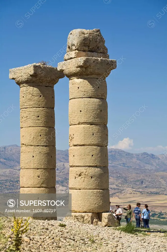 Turkey, Eastern Turkey, Nemrut Dagi NP, Karakus Tumulus, Two columns nr Commagene Royal Family burial ground