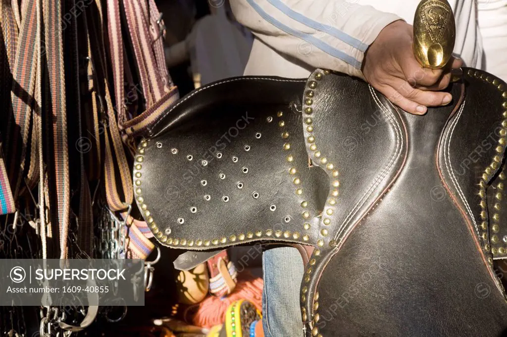 Turkey, Eastern Turkey, Gaziantep, Antep, Bazaar, Leather saddle in saddle making shop