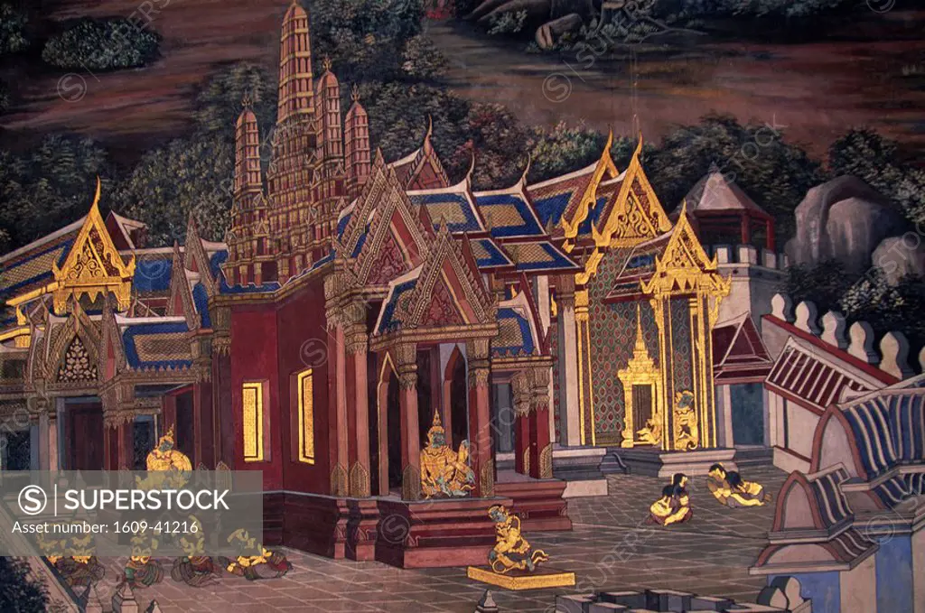 Thailand, Bangkok, Wat Phra Kaew, Grand Palace, Murals Depicting Scenes from the Ramakian