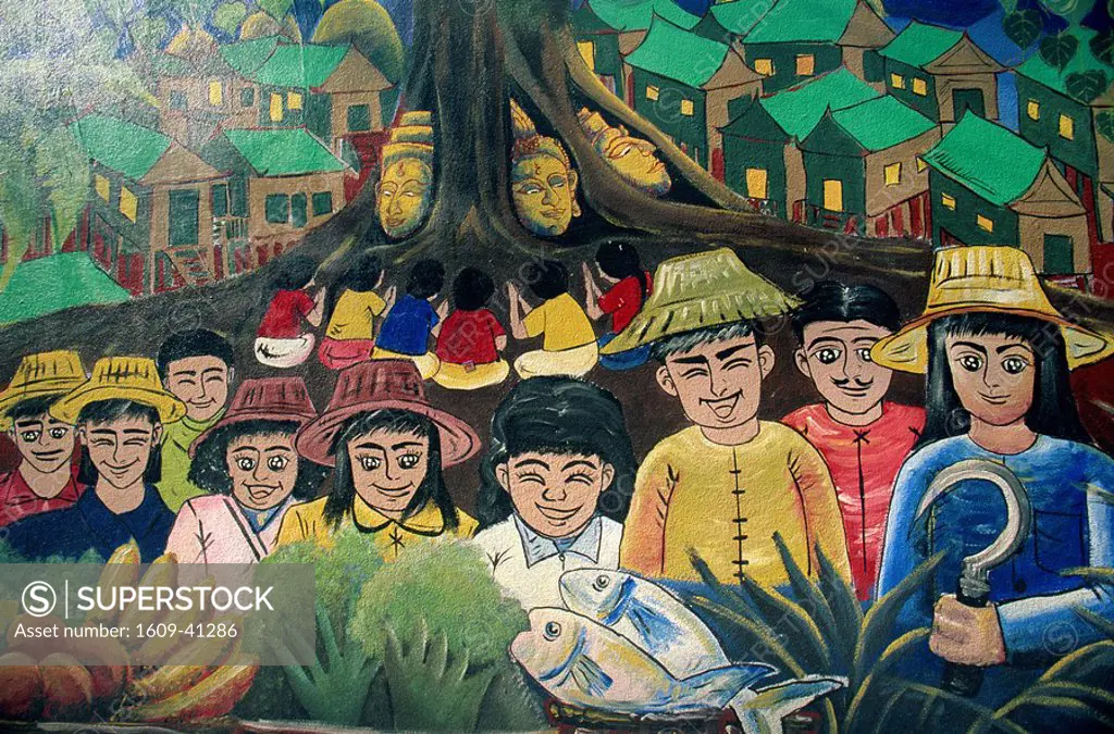 Thailand, Bangkok, Wall Mural depicting Thai Country Life