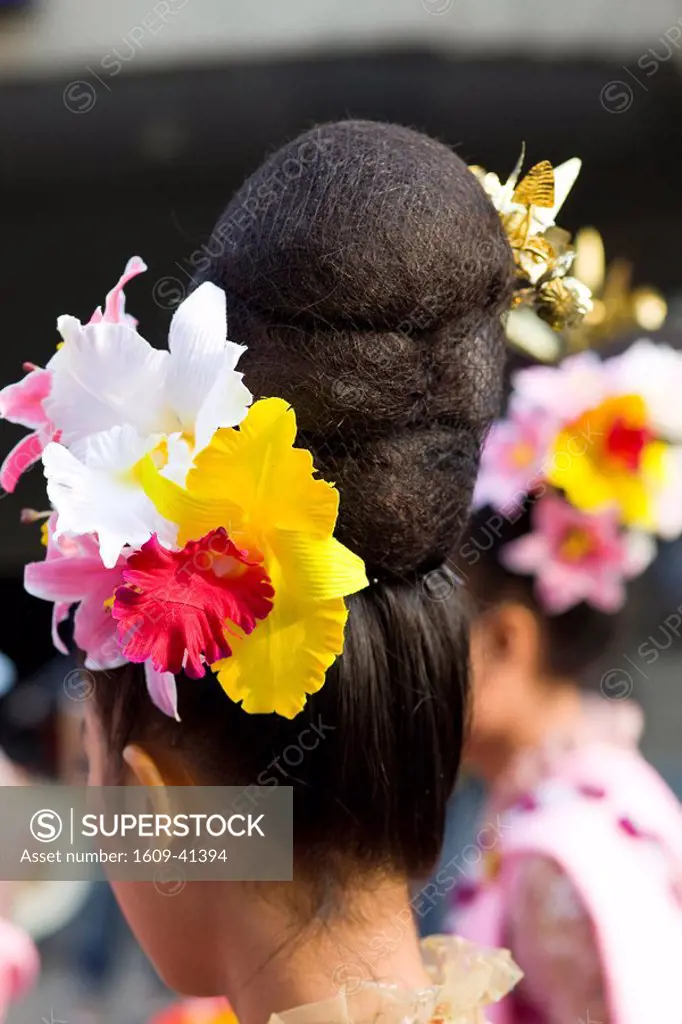 Thailand, Chiang Mai, Thai Hairstyle with Flowers