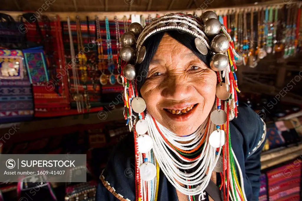 Thailand, Golden Triangle, Chiang Mai, Akha Hilltribe Woman Wearing Traditional Silver Headpiece