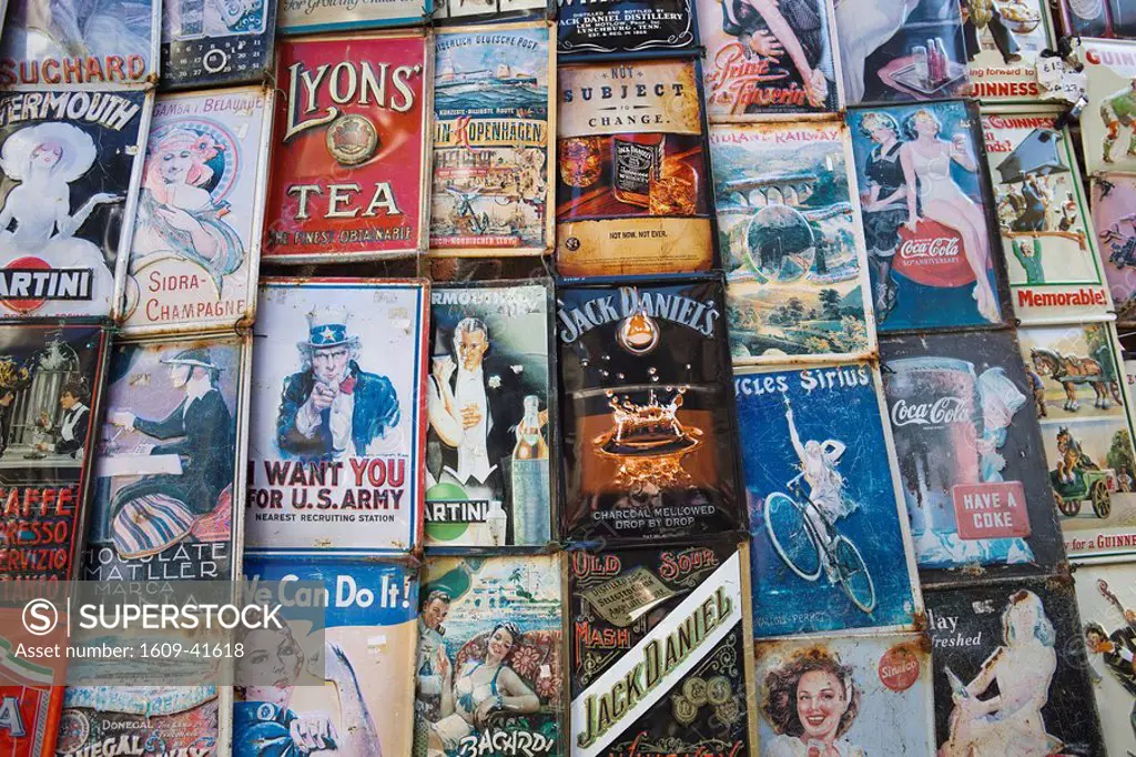 England, London, Portobello Road Antique Market, Antique Enamelled Advertising Signs