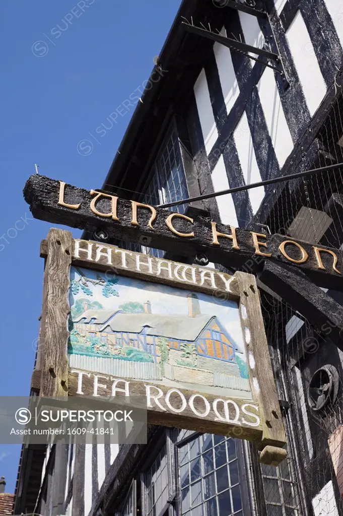 England, Warwickshire, Stratford upon Avon, Hathaway Tea Rooms Sign Depicting Anne Hathaways Cottage