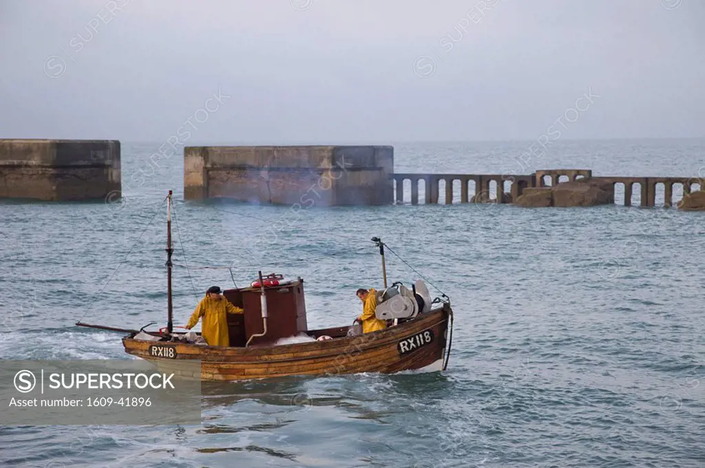 England, East Sussex, Hastings, Fishing Boat at Sea