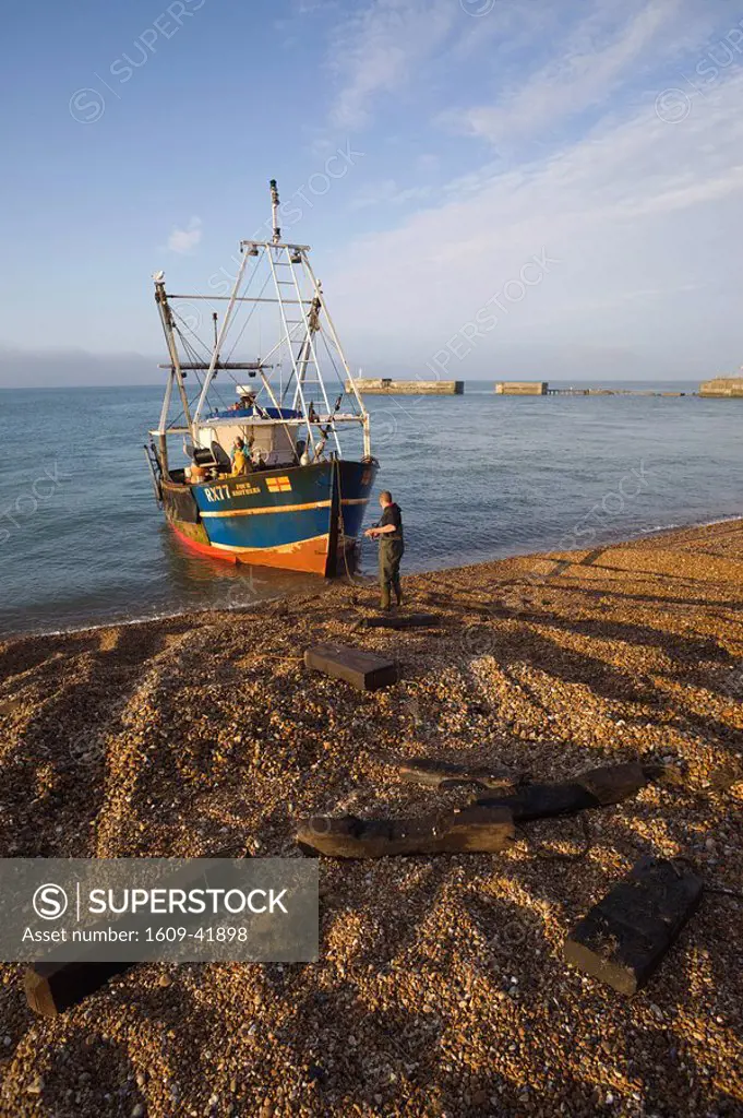 England, East Sussex, Hastings, The Stade, Shore Based Fishing Boat Returning to Port