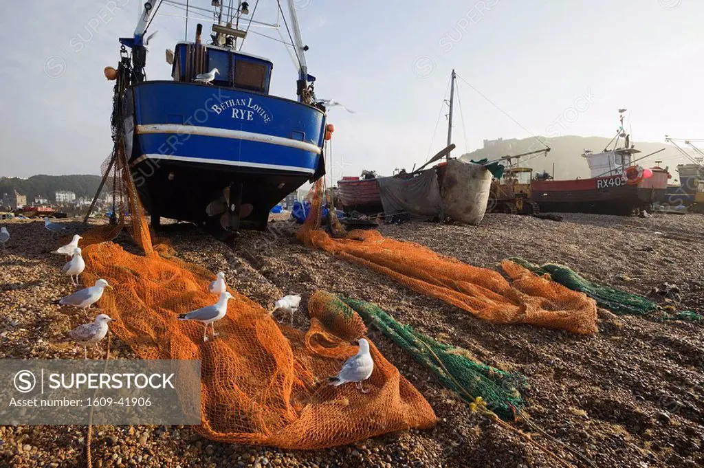 England, East Sussex, Hastings, The Stade, Shore Based Fishing Boats on Beach