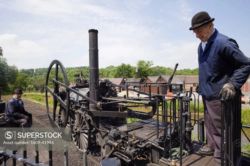 England, Shropshire, Ironbridge Gorge, Coalport, Blists Hill Victorian Town Museum, Replica of Richard Trevithick´s Coalbrookdale Locomotive