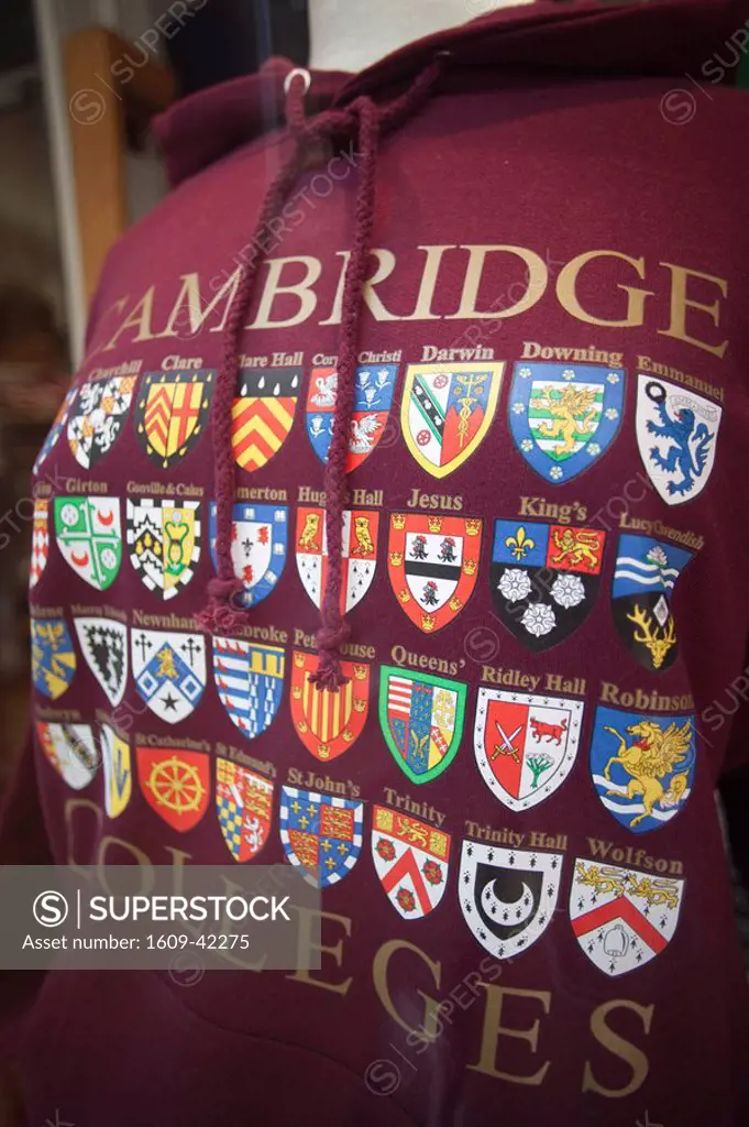 England, Cambridgeshire, Cambridge, Shop Window diplay of Sweat Shirt Depicting Cambridge Colleges