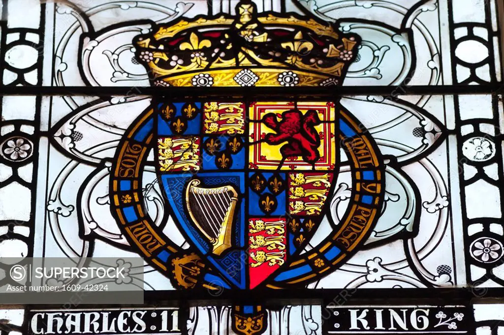 England, Hampshire, Winchester, The Great Hall, Stained Glass Window depicting Coats of Arms