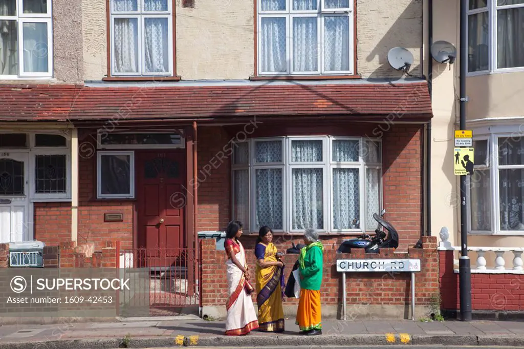 England, London, Stratford, Indian Women in Typical London Suburban Street