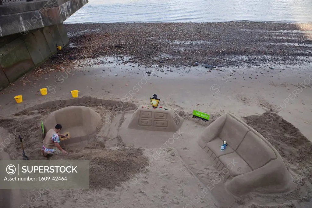 England, London, Southbank, Sand Sculpture on the Banks of the River Thames at Low Tide