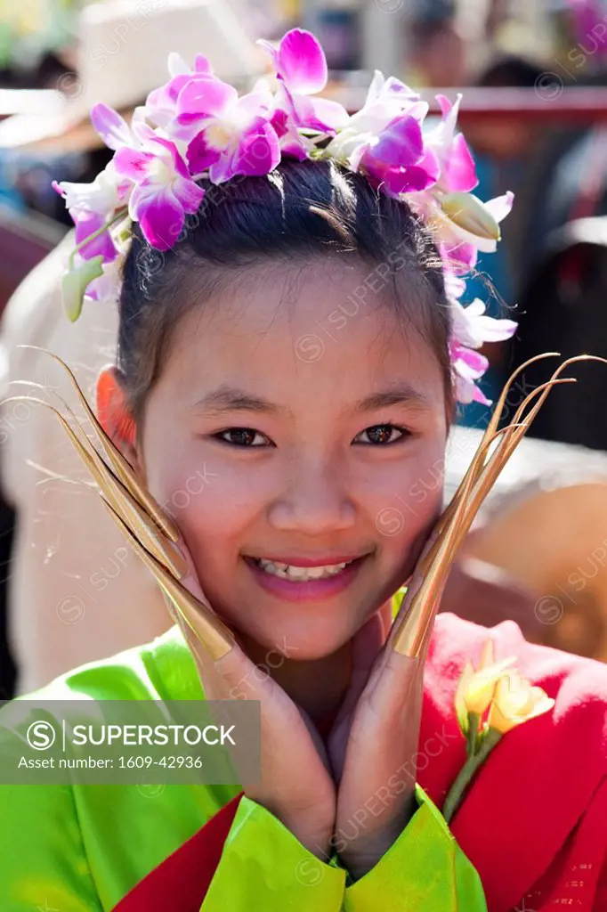 Thailand, Chiang Mai, Chiang Mai Flower Festival, Portrait of Girl in Traditional Thai Costume