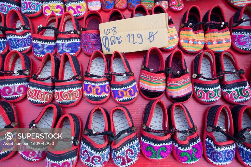 Thailand, Chiang Mai, Sunday Street Market, Hilltribe Childrens Shoes Display