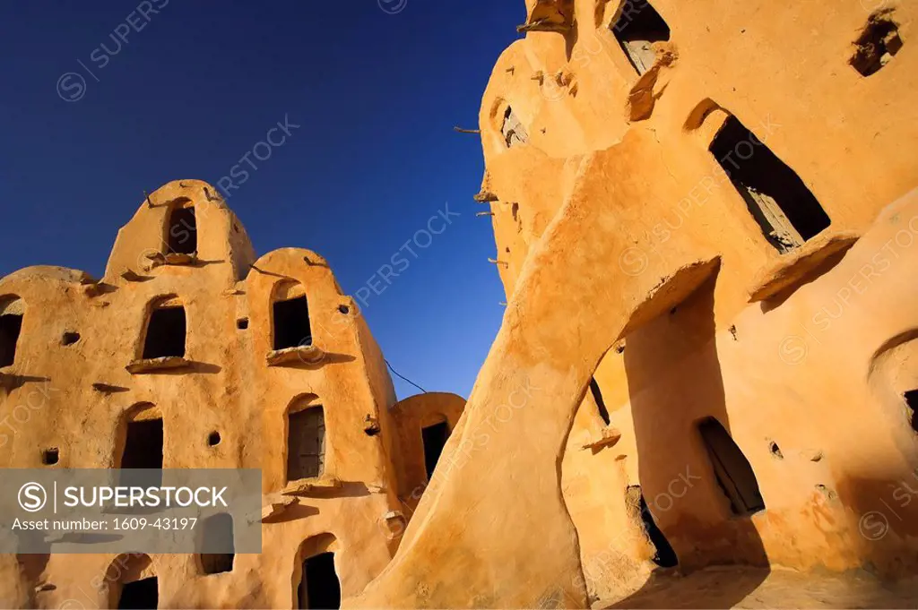 Africa, Tunisia, Tataouine, Ksar Ouled Soltane fortified granary consisting of ghorfas, or individual grain stores