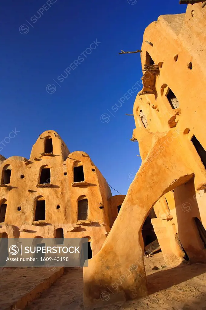 Africa, Tunisia, Tataouine, Ksar Ouled Soltane fortified granary consisting of ghorfas, or individual grain stores