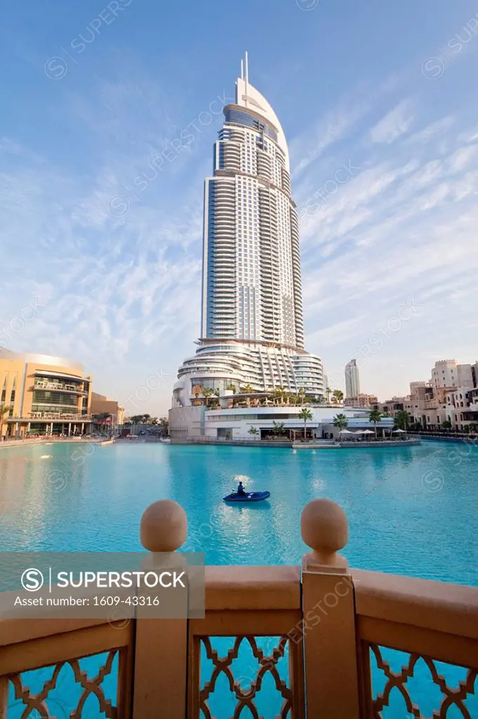 United Arab Emirates UAE, Dubai, Burj Khalifa Park Lake, The Address and Palace Hotels