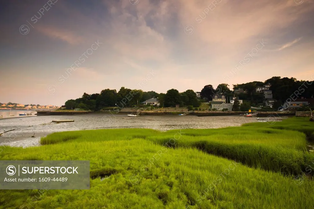 USA, Massachusetts, Cape Ann, Gloucester, Annisquam Village and marsh grass