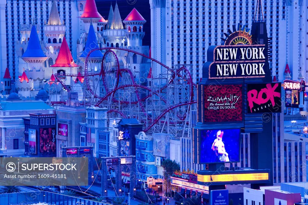 USA, Nevada, Las Vegas, The Strip, aerial view of Excalibur and New York, New York, dusk