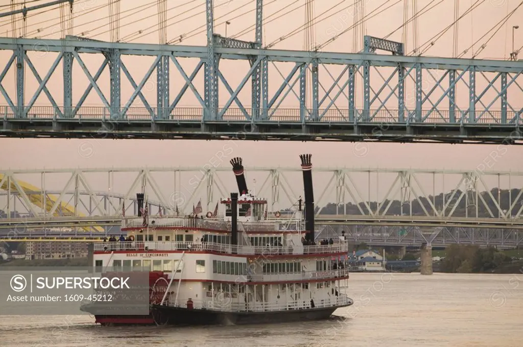 Riverboat on Ohio River &, Roebling Suspension Bridge, Cincinnati, Ohio, USA